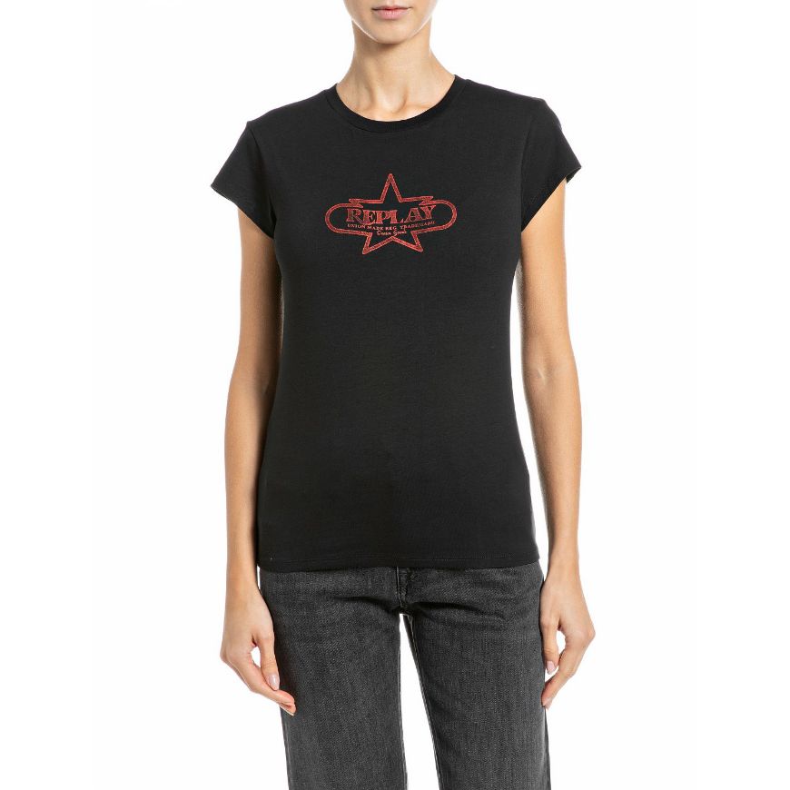 Снимка на REPLAY ДАМСКИ ТОП SLIM-FIT STRETCH T-SHIRT WITH CHEST PRINT BLACK