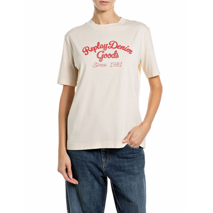 Снимка на REPLAY ДАМСКИ ТОП BOXY-FIT DENIM GOODS PRINT COTTON T-SHIRT EGGNOG