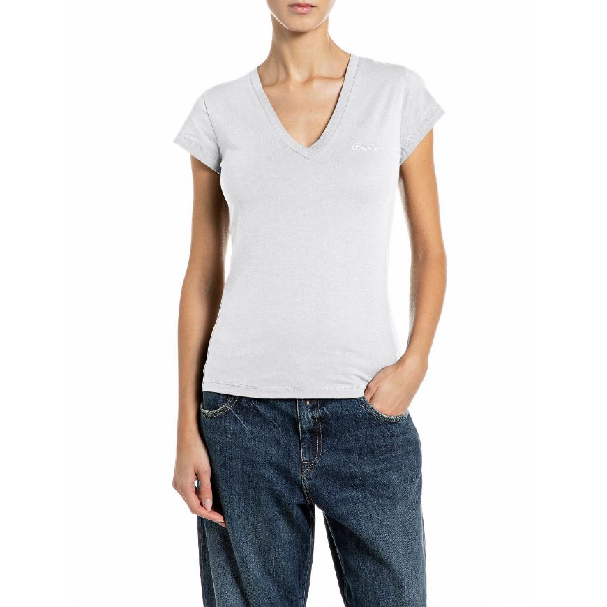 Снимка на REPLAY ДАМСКИ ТОП JERSEY V-NECK T-SHIRT WITH LOGO NATURAL WHITE