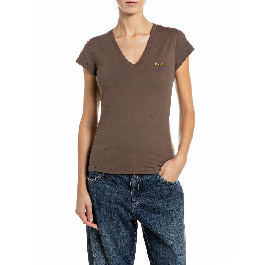 Снимка на REPLAY ДАМСКИ ТОП JERSEY V-NECK T-SHIRT WITH LOGO PINECONE