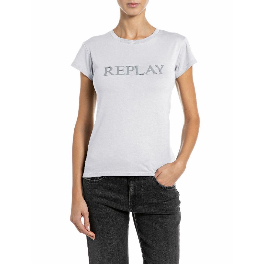Снимка на REPLAY ДАМСКИ ТОП SLIM-FIT COTTON T-SHIRT WITH LARGE LOGO NATURAL WHITE