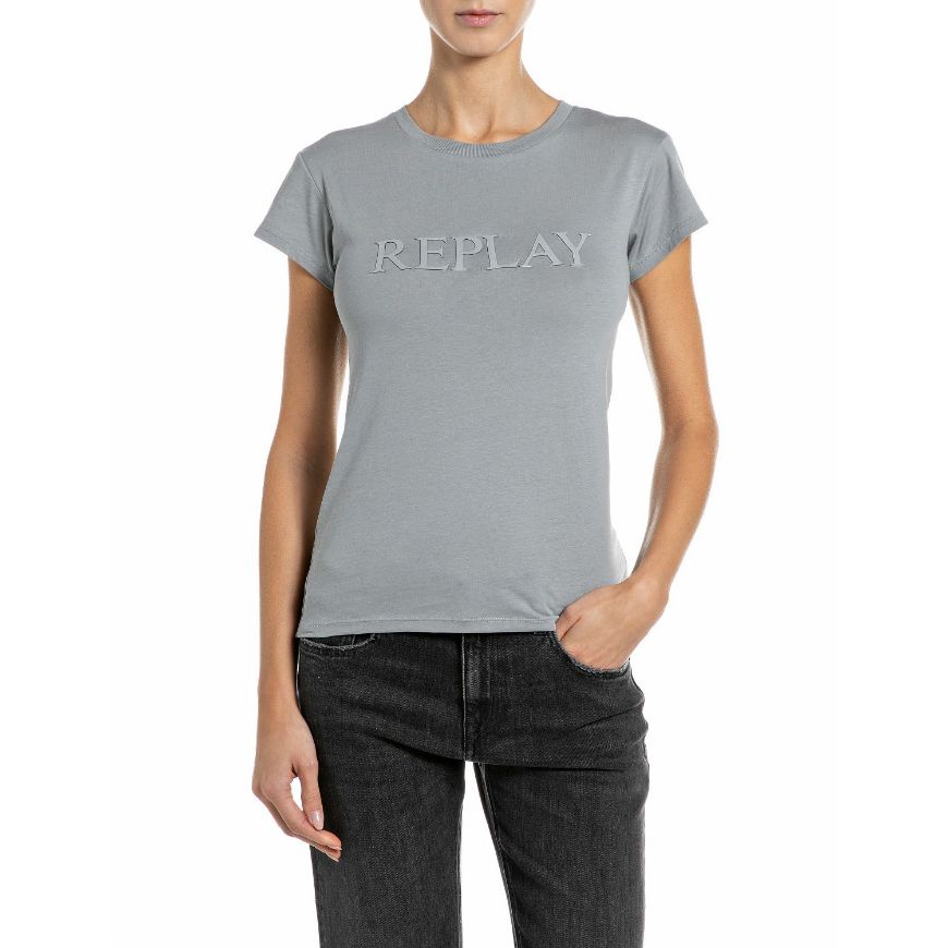 Снимка на REPLAY ДАМСКИ ТОП SLIM-FIT COTTON T-SHIRT WITH LARGE LOGO GHOST GRAY