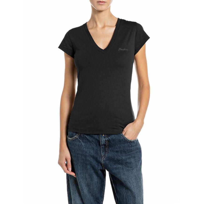 Снимка на REPLAY ДАМСКИ ТОП JERSEY V-NECK T-SHIRT WITH LOGO BLACK