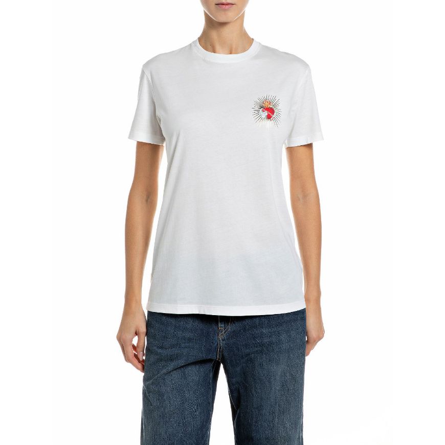 Снимка на REPLAY ДАМСКИ ТОП COTTON T-SHIRT WITH HEART PRINT NATURAL WHITE