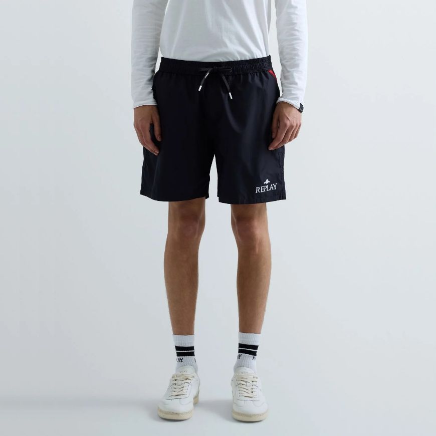 Picture of REPLAY MEN'S RECYCLED FABRIC SWIM SHORTS WITH ARCHIVAL LOGO DARK NAVY