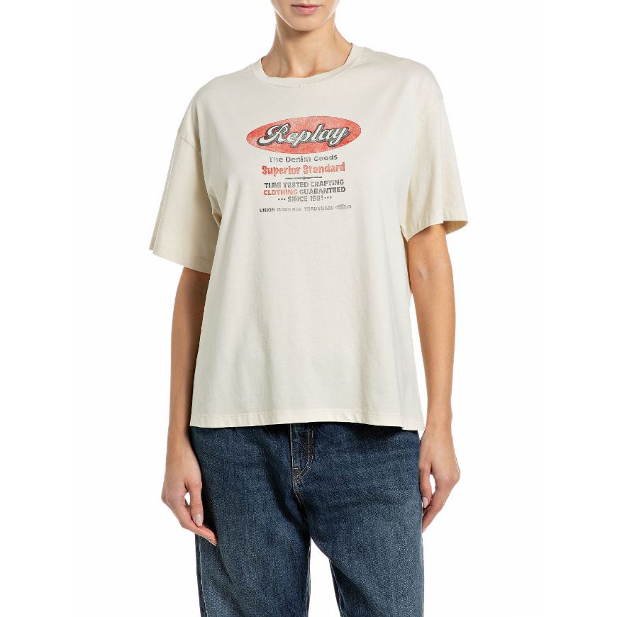 Picture of REPLAY WOMEN'S OVERSIZED JERSEY T-SHIRT WITH LETTERING WHITE ASPARAGUS