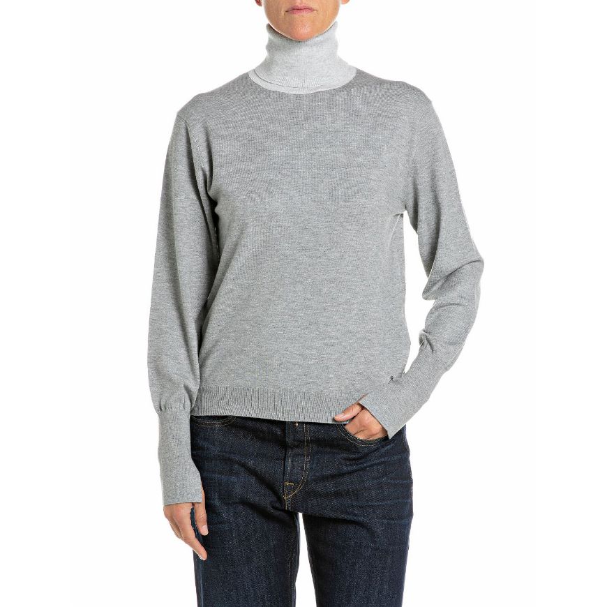 Picture of REPLAY WOMEN'S CROPPED TURTLE-NECK VISCOSE BLEND SWEATER GREY MED MELANGE