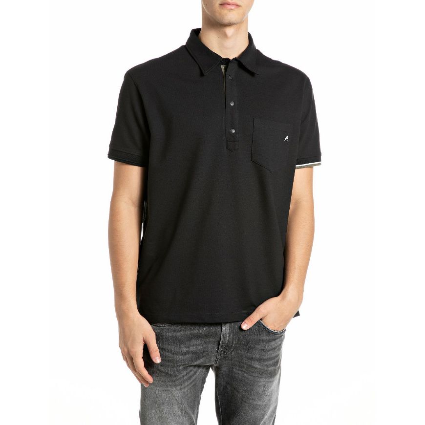 Снимка на REPLAY МЪЖКА БЛУЗА STRETCH PIQUÉ POLO-SHIRT WITH R EMBROIDERY AND POCKET BLACK