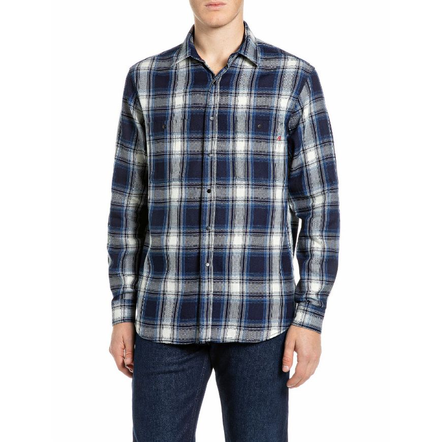 Picture of REPLAY MEN'S RELAXED INDIGO CHECKED TWILL SHIRT NAVY/LT BLUE/NAT.WHITE CHECK