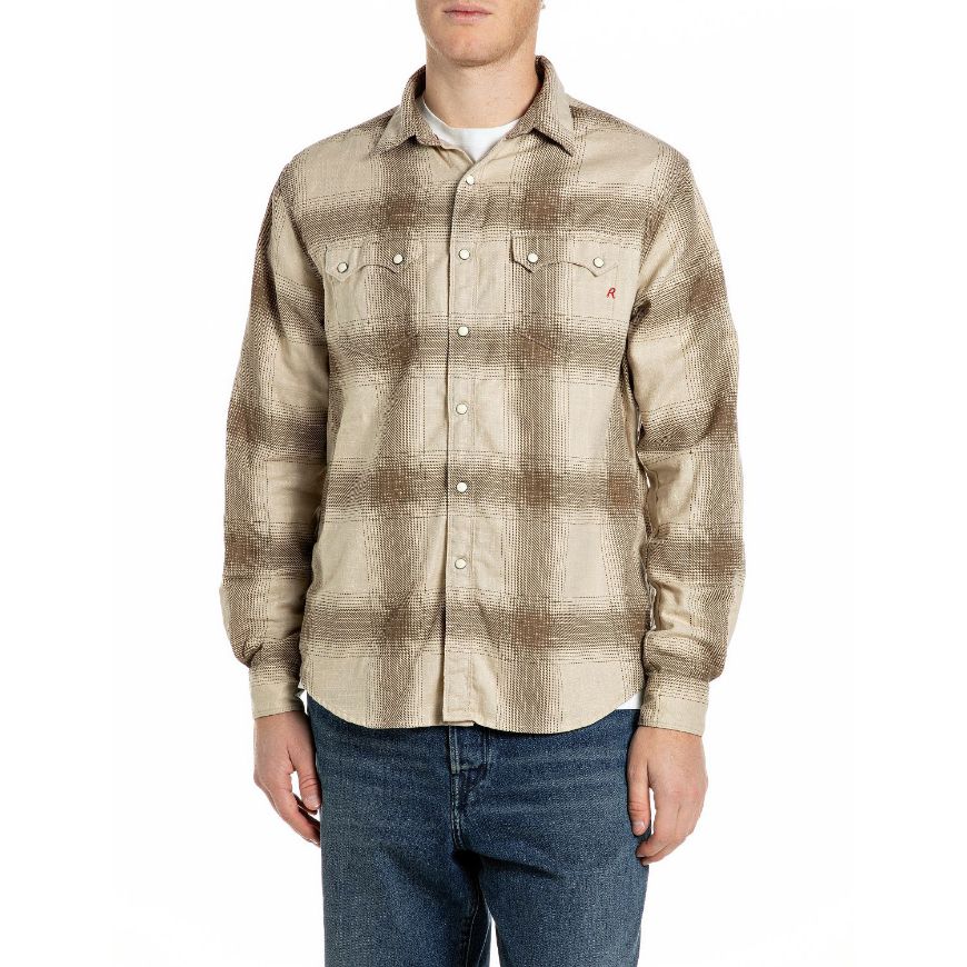 Picture of REPLAY MEN'S RELAXED REGULAR CHECKED DOBBY SHIRT BROWN/CREAM MACRO CHECK