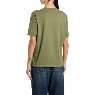 Picture of REPLAY WOMEN'S BOXY-FIT DENIM GOODS PRINT COTTON T-SHIRT OLIVE DRAB 2