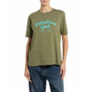 Picture of REPLAY WOMEN'S BOXY-FIT DENIM GOODS PRINT COTTON T-SHIRT OLIVE DRAB 1