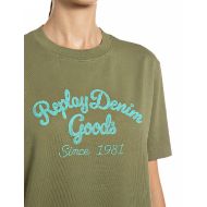 Picture of REPLAY WOMEN'S BOXY-FIT DENIM GOODS PRINT COTTON T-SHIRT OLIVE DRAB 3