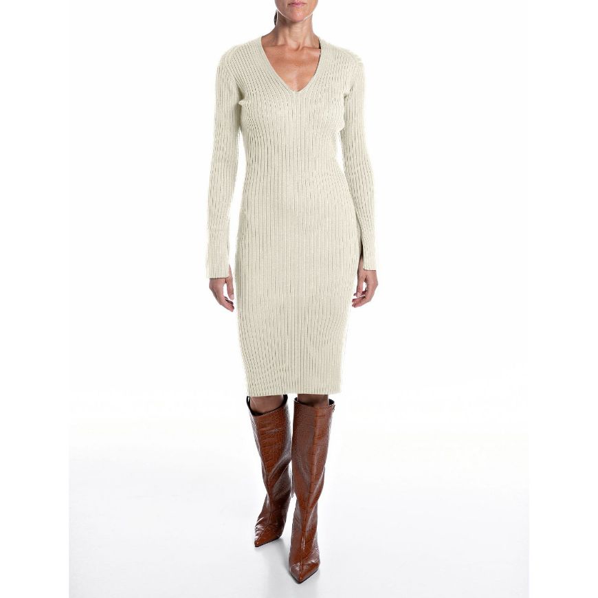 Снимка на REPLAY ДАМСКА РОКЛЯ SLIM VISCOSE BLEND KNITTED DRESS WHITE ASPARAGUS
