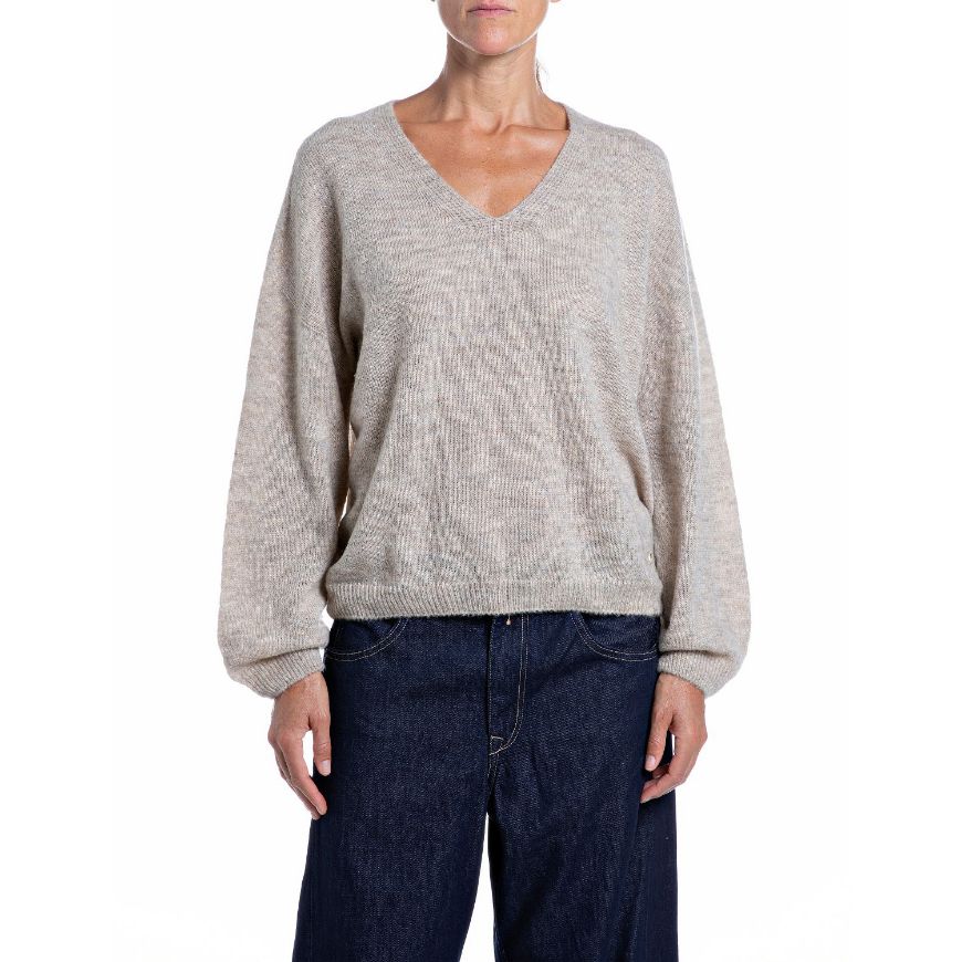 Снимка на REPLAY ДАМСКИ ПУЛОВЕР OVERSIZED V-NECK SEAMLEES VISCOSE WOOL BLEND SWEATER BEIGE MELANGE