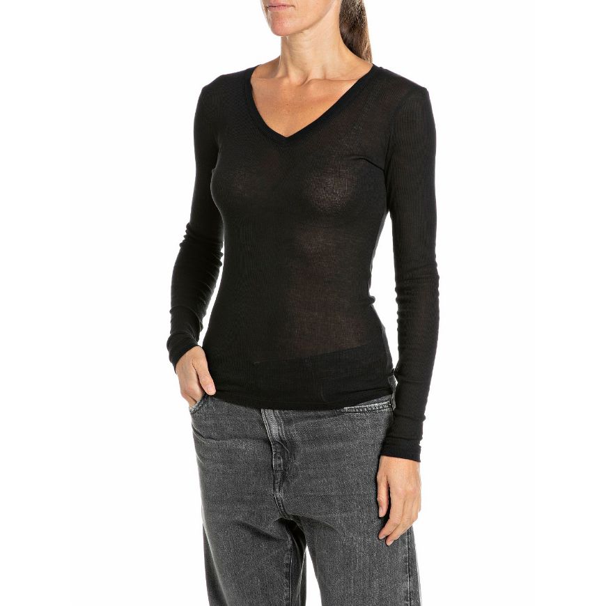 Picture of REPLAY WOMEN'S LONG-SLEEVED SKINNY COTTON RIB T-SHIRT BLACK