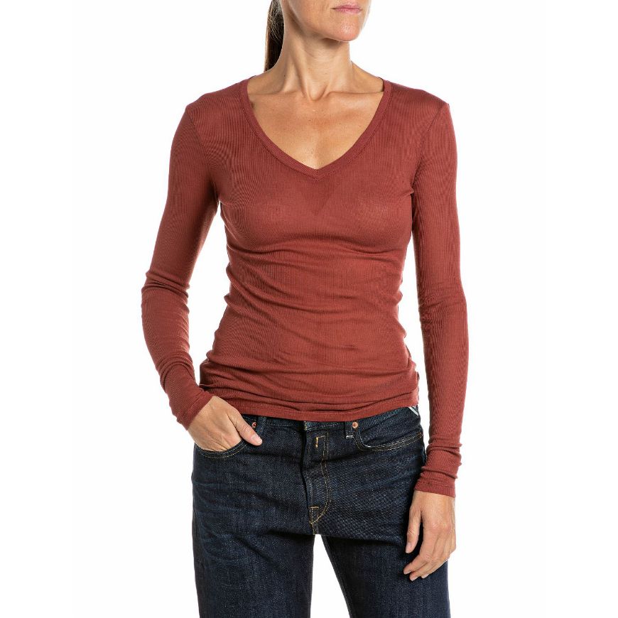 Picture of REPLAY WOMEN'S LONG-SLEEVED SKINNY COTTON RIB T-SHIRT FIRED BRICK