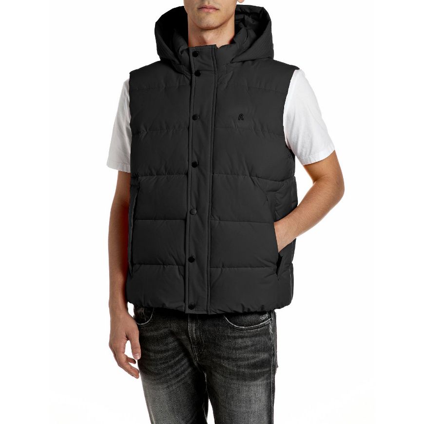 Picture of REPLAY MEN'S PADDED DULL POLY HOODED VEST BLACK