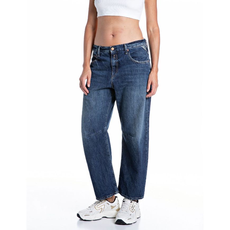 Picture of REPLAY WOMEN'S JANIE BARREL-FIT RECYCLED DENIM JEANS DARK BLUE