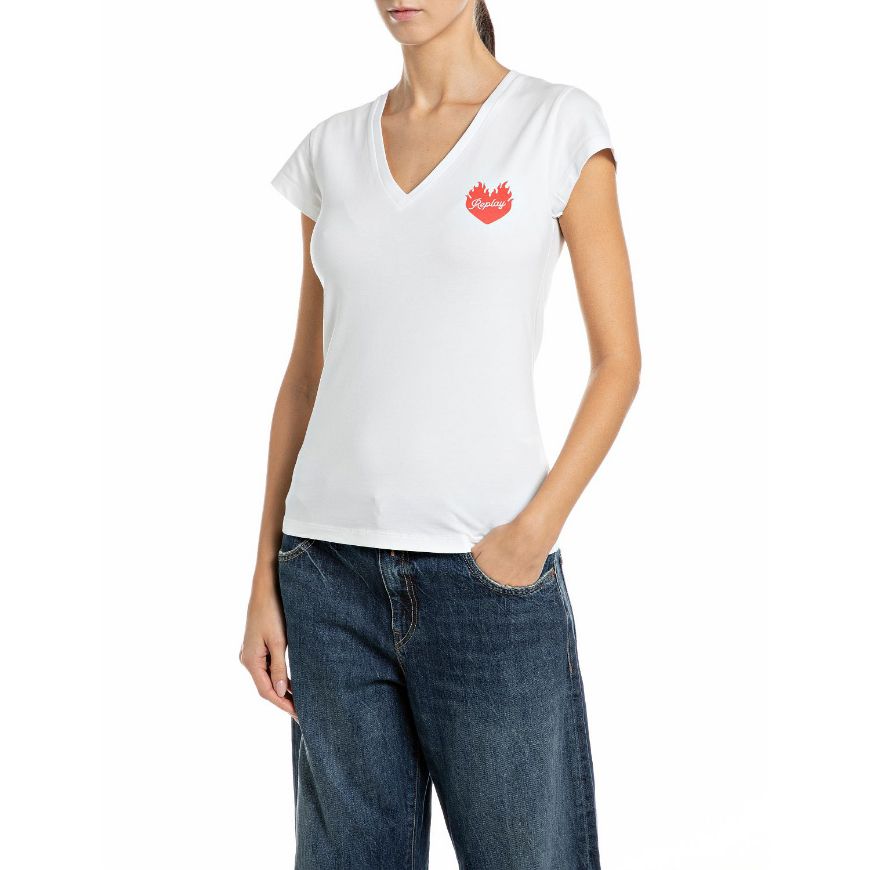 Picture of REPLAY WOMEN'S STRETCH JERSEY T-SHIRT WITH BURNING HEART NATURAL WHITE