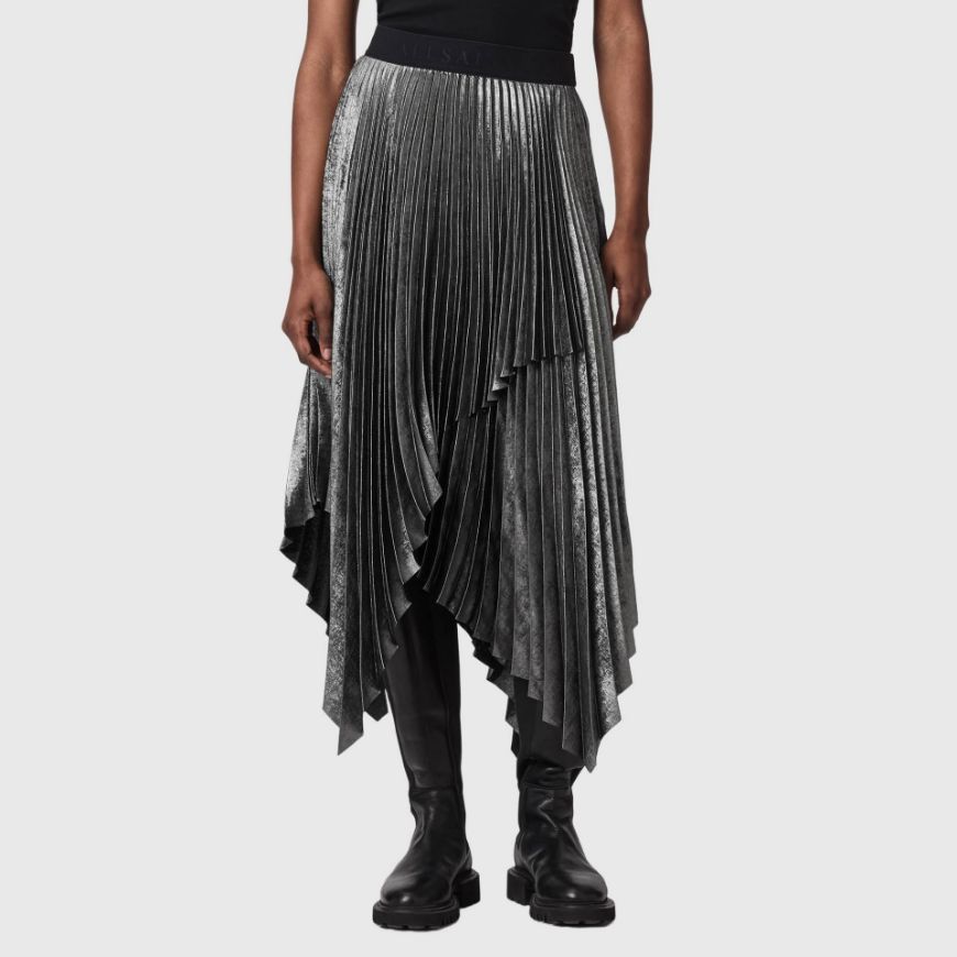 Picture of ALLSAINTS WOMEN'S ELISA PLEATED SKIRT PLATINUM SILVER