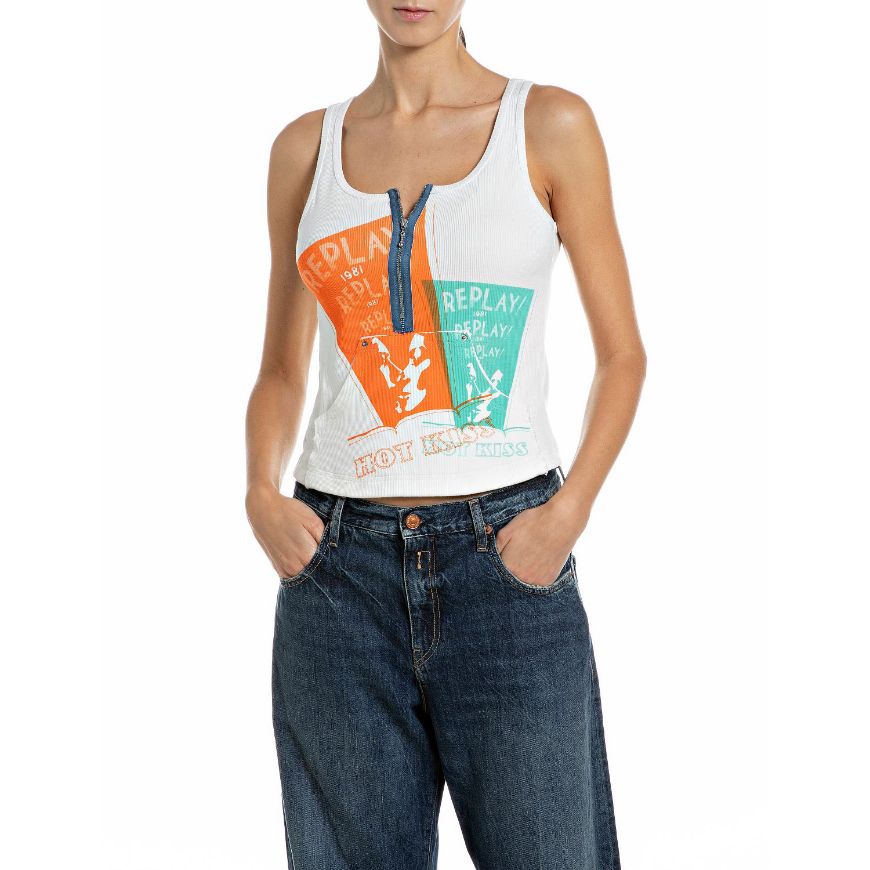 Снимка на REPLAY ДАМСКИ ТОП RIB VEST TOP WITH ZIP AND PRINTS NATURAL WHITE