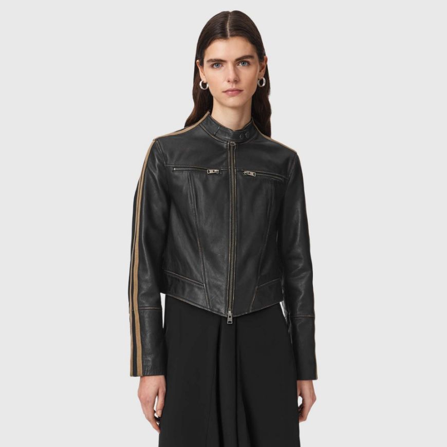 Picture of ALLSAINTS WOMEN'S TIGGY LEATHER JACKET BLACK/BEIGE