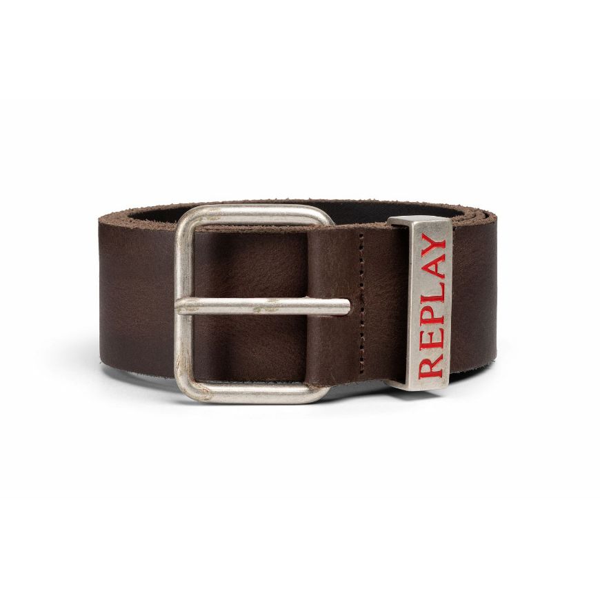 Picture of REPLAY MEN'S CRUST LEATHER BELT WITH LOGO DARK BROWN