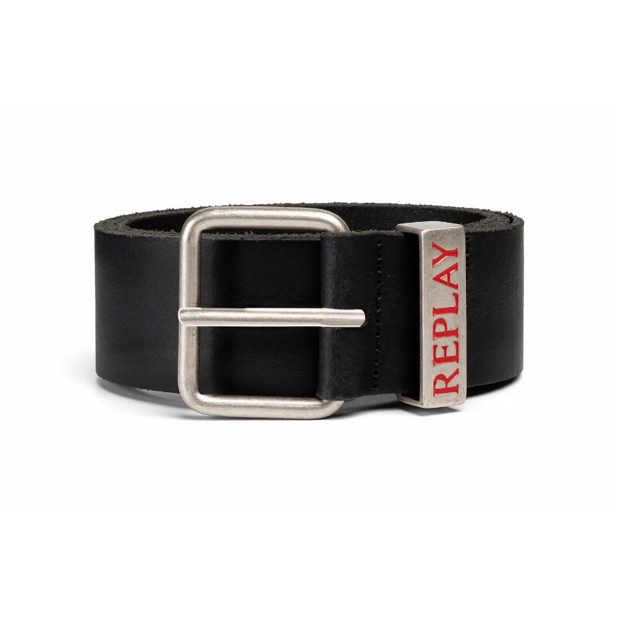 Picture of REPLAY MEN'S CRUST LEATHER BELT WITH LOGO BLACK