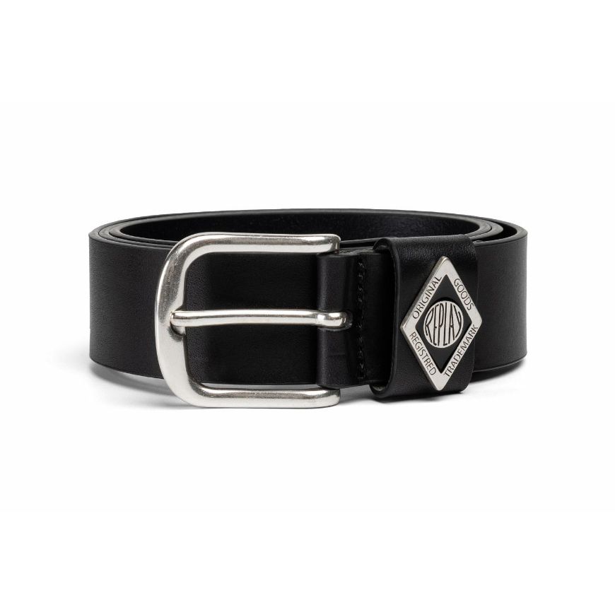 Picture of REPLAY UNISEX PULL UP LEATHER BELT WITH DIAMOND LOGO BLACK