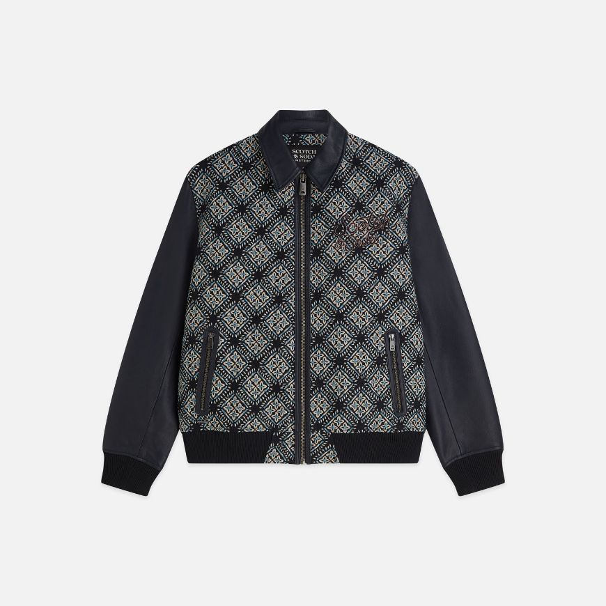 Picture of SCOTCH&SODA MEN'S JACQUARD LEATHER VARSITY JACKET - SKY CAPTAIN