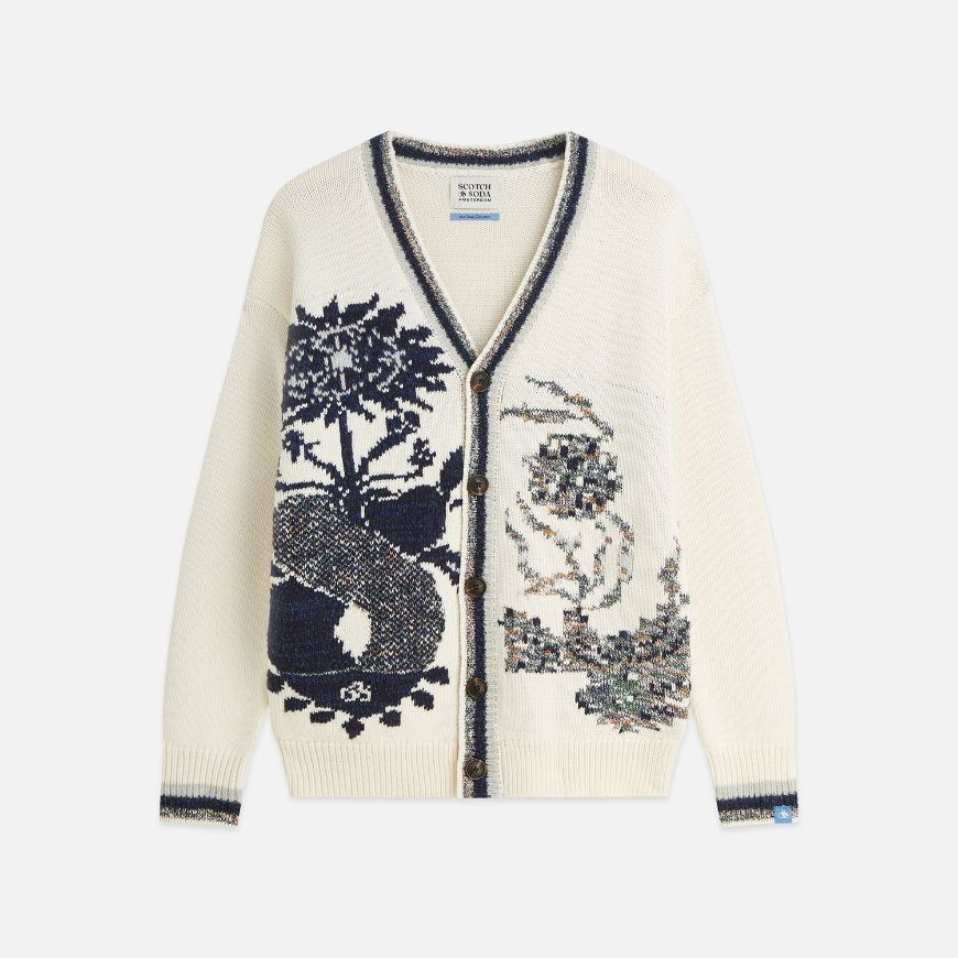 Picture of SCOTCH&SODA MEN'S INTARSIA COTTON-BLEND DROPPED SHOULDER CARDIGAN - EGGNOG