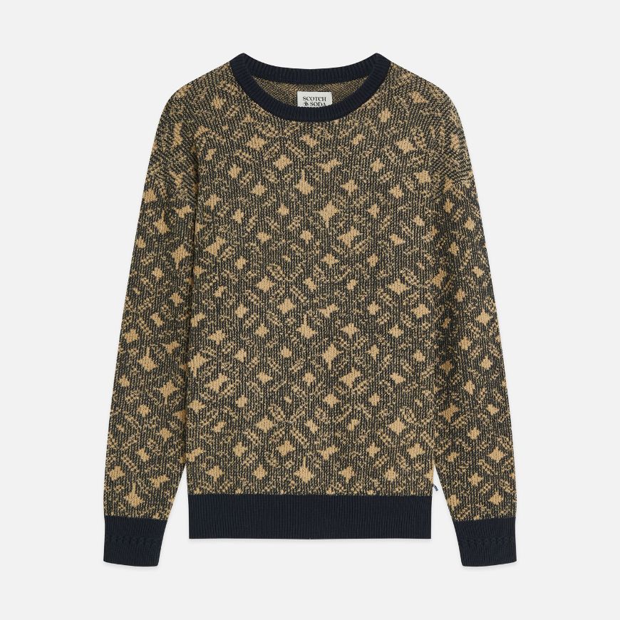 Picture of SCOTCH&SODA MEN'S JACQUARD WOOL-BLEND EXTRA DROPPED SHOULDER PULLOVER - TILES FLOWER DIJON SKY CAPTA