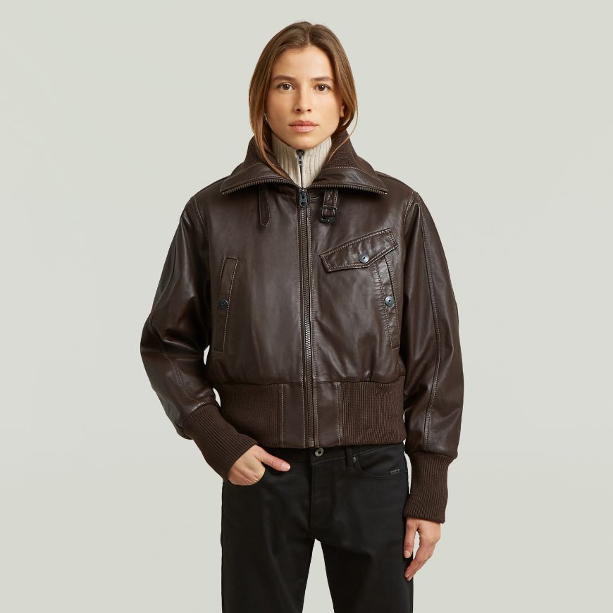 Picture of G-STAR WOMEN'S HIGH COLLAR LEATHER JACKET COFFEE BEAN