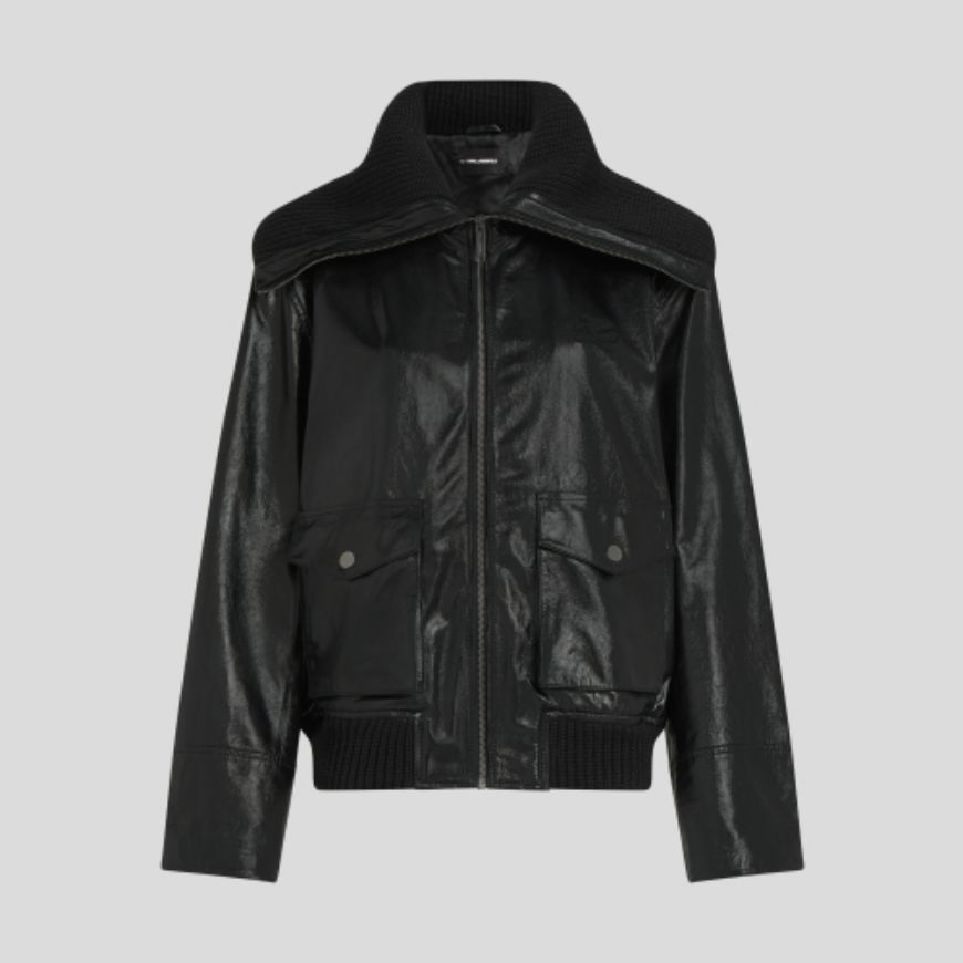 Picture of KARL LAGERFELD WOMEN'S KNIT COLLAR LEATHER JACKET BLACK