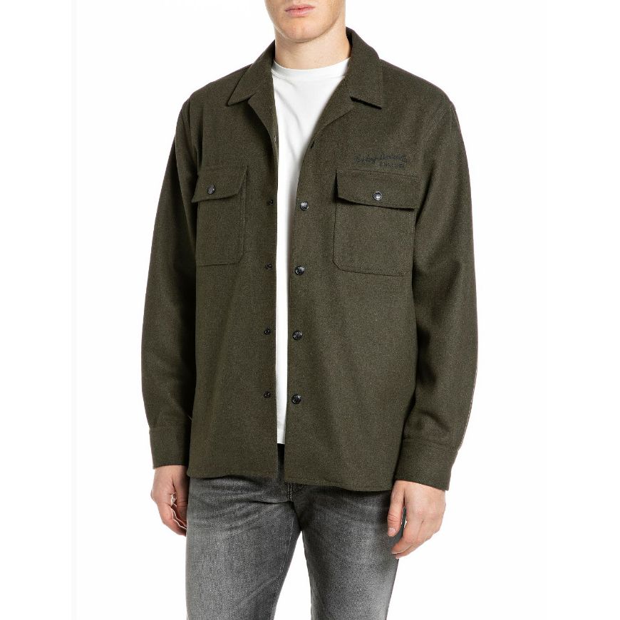 Picture of REPLAY MEN'S WOOLEN MELTON OVERSHIRT DARK MILITARY MELANGE
