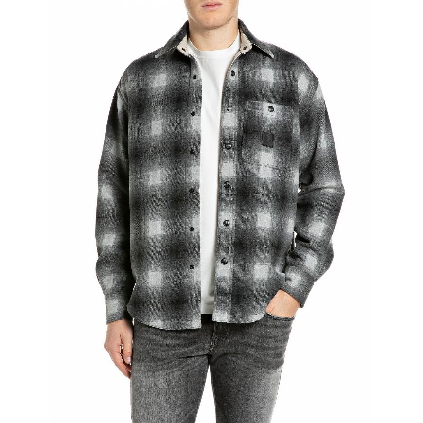 Picture of REPLAY MEN'S CHECKED WOOLEN MELTON SHIRT JACKET BLACK/LT GREY