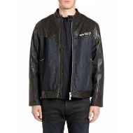 Picture of REPLAY MEN'S LEATHER & DENIM BIKER JACKET DARK CHOCOLATE 1