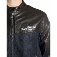 Picture of REPLAY MEN'S LEATHER & DENIM BIKER JACKET DARK CHOCOLATE 4
