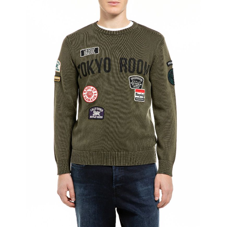 Picture of REPLAY MEN'S COTTON GARMENT SWEATER WITH LETTERING AND PATCHES IVY GREEN