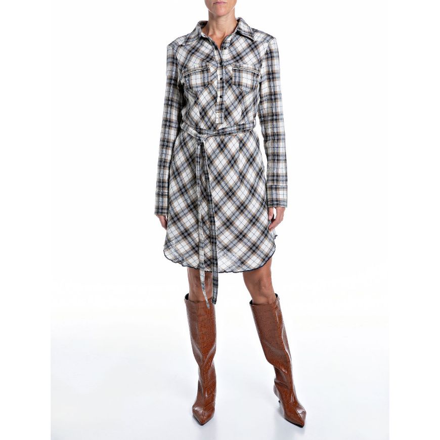 Picture of REPLAY WOMEN'S CHEQUERED SHIRT DRESS WITH BELT BUTTER/BROWN RICE/DEEP BLUE