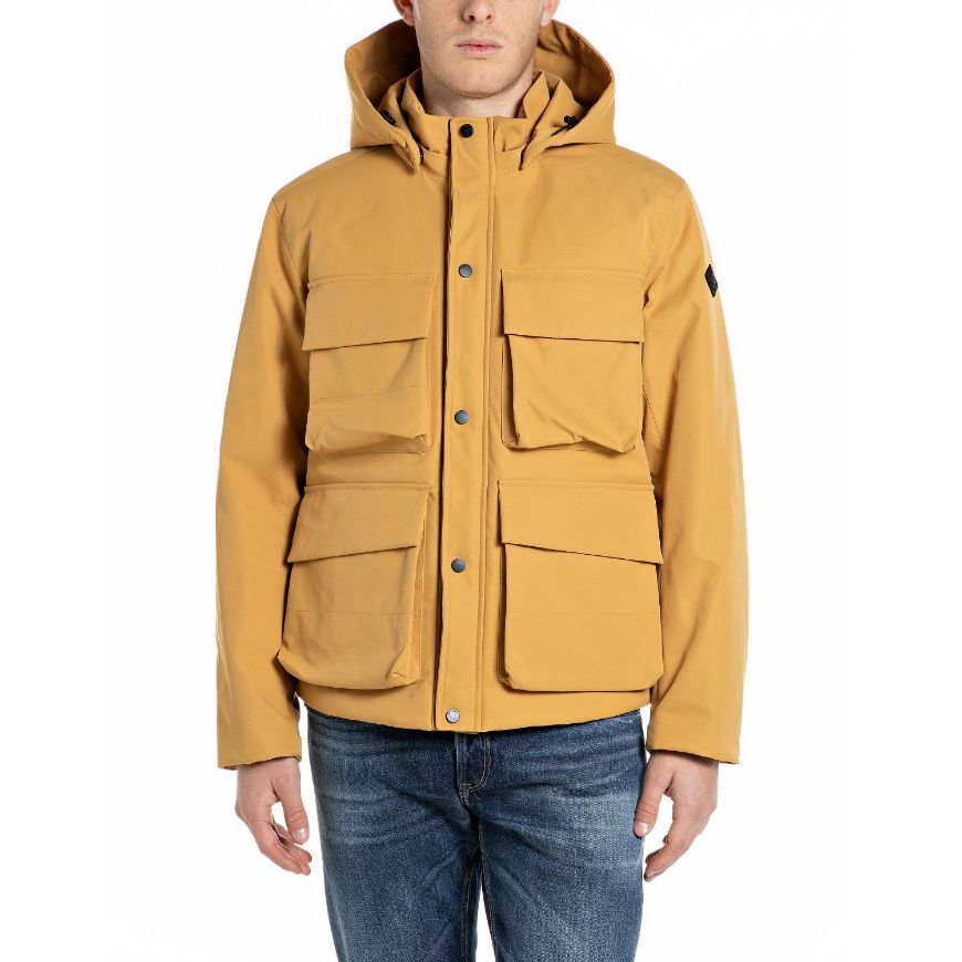 Picture of REPLAY MEN'S POLY TWILL HOODED JACKET WITH POCKETS HONEY MUSTARD
