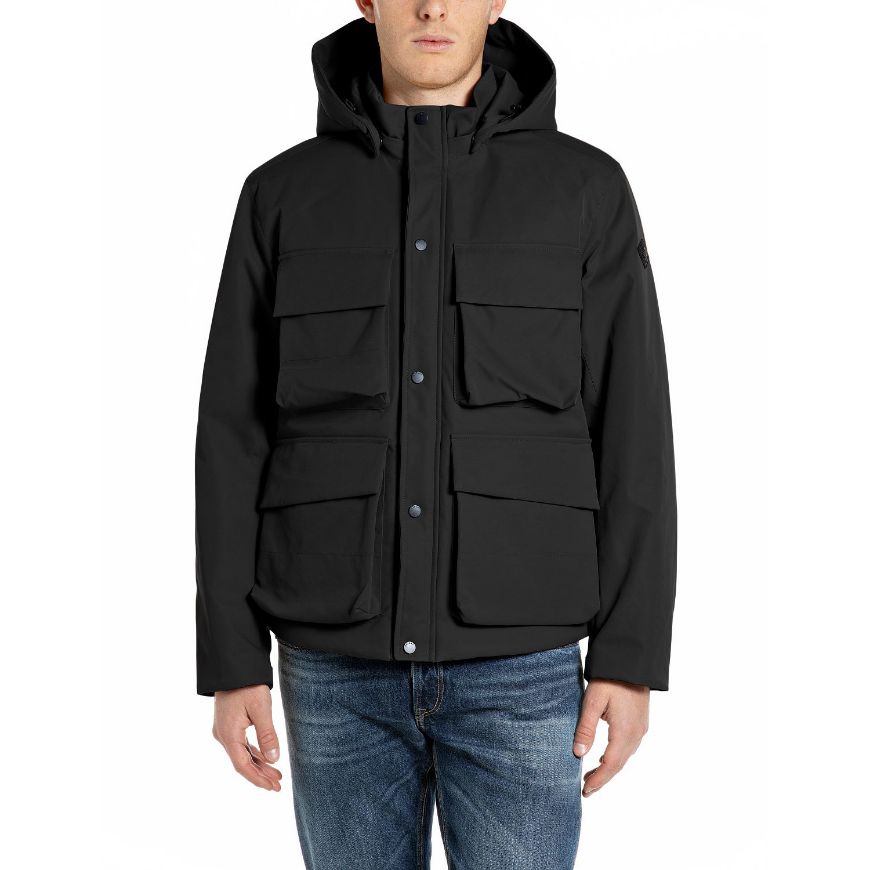 Picture of REPLAY MEN'S POLY TWILL HOODED JACKET WITH POCKETS BLACK