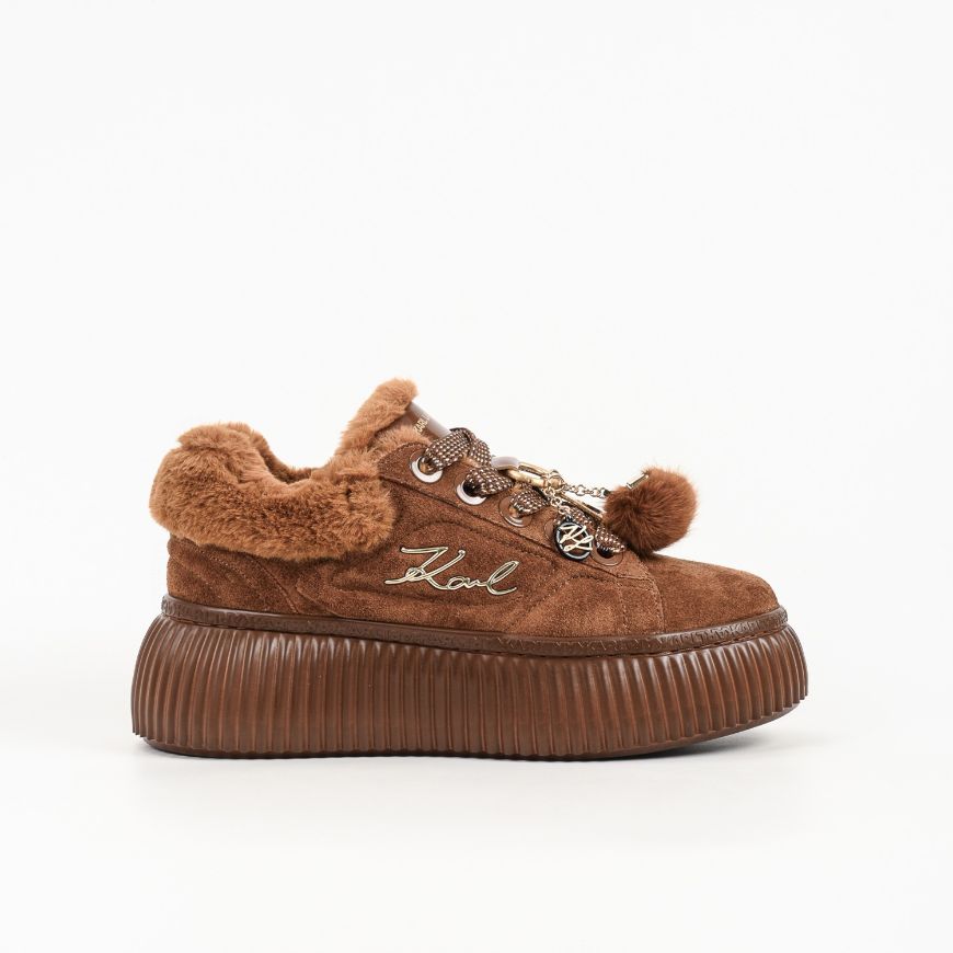 Picture of KARL LAGERFELD WOMEN'S KREEPER LO EMBROIDERED POMPOM LOW SNEAKERS MID BROWN