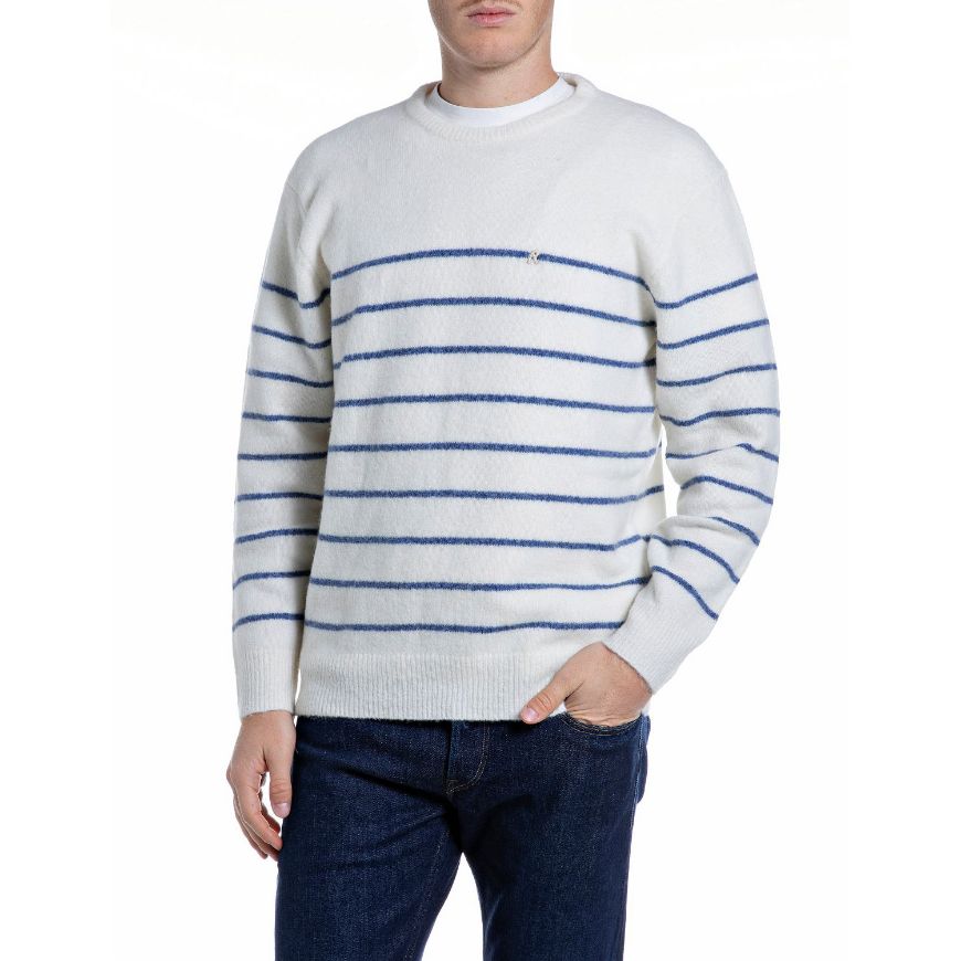 Снимка на REPLAY МЪЖКИ ПУЛОВЕР CREW-NECK WOOL ALPACA BLEND SWEATER WHITE&PALE BLUE MELANGE