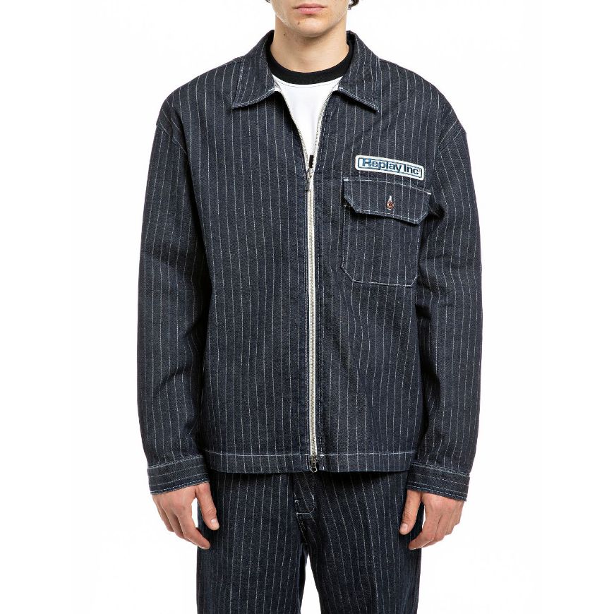 Picture of REPLAY INC. FULL ZIP INDIGO STRIPED DENIM SHIRT DARK BLUE