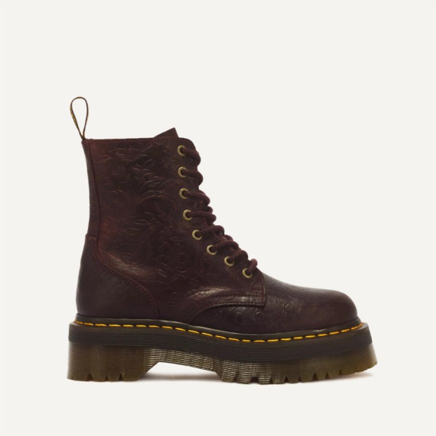 Снимка на DR. MARTENS ДАМСКИ ОБУВКИ  JADON FLORAL EMBOSS 8-EYE CRAZY HORSE LEATHER PLATFORM BOOTS CHERRY RED