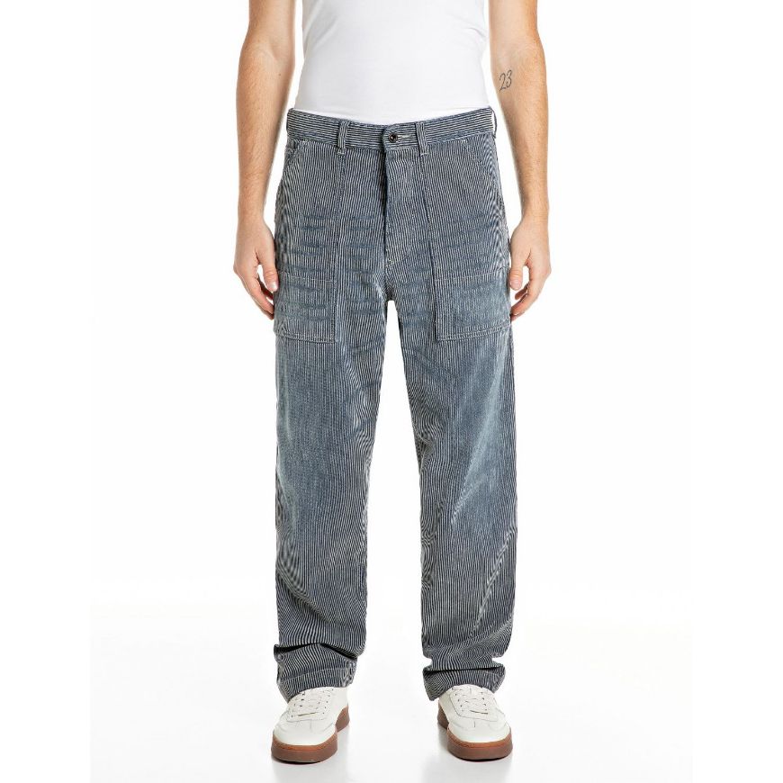 Picture of REPLAY MEN'S BRYEN REGULAR-FIT STRETCH FLOCK DENIM JEANS INDIGO/ECRU STRIPED